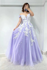 Amazing Lilac Sweetheart Off The Shoulder Tulle Evening Dress with Appliques