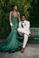 Amazing Long Dark Green Mermaid Sleeveless Beading Prom Dress With Lace