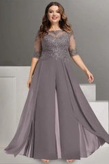 Ankle Length Plus Size Chiffon Mother of the Bride Pantsuit with Lace and Jewel Neck