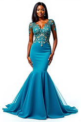 Appliqued Blue Wedding Guest Dress Mermaid Long Formal Dress With Short Sleeves