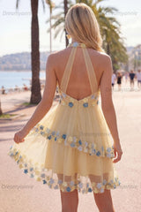 Apricot Floral Halter Tiered A-Line Short Homecoming Dress
