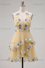 Apricot Floral Halter Tiered A-Line Short Homecoming Dress