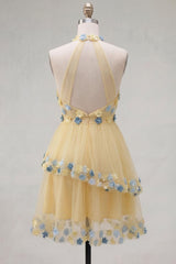 Apricot Floral Halter Tiered A-Line Short Homecoming Dress