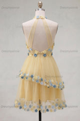 Apricot Floral Halter Tiered A-Line Short Homecoming Dress