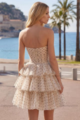 Apricot & Black Polka Dot Strapless Keyhole A-Line Short Homecoming Dress