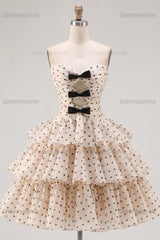 Apricot & Black Polka Dot Strapless Keyhole A-Line Short Homecoming Dress