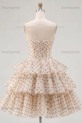 Apricot & Black Polka Dot Strapless Keyhole A-Line Short Homecoming Dress