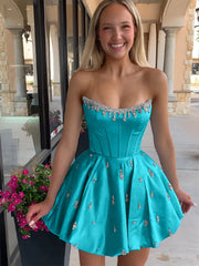Sparkly Satin A Line Short Corset Homecoming Dress with Rhinestones