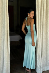 Aqua Blue Bodycon Prom Dress Strapless Design With Waist Cutout Formal Evening Gown