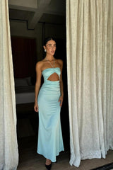 Aqua Blue Bodycon Prom Dress Strapless Design With Waist Cutout Formal Evening Gown