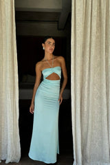 Aqua Blue Bodycon Prom Dress Strapless Design With Waist Cutout Formal Evening Gown