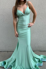 Aqua Prom Dress Mermaid Backless Spaghetti Straps Long Evening Dress
