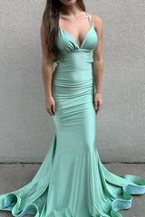 Aqua Prom Dress Mermaid Backless Spaghetti Straps Long Evening Dress