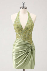 Army Green Ruched Appliqued Halter Tight Corset Short Homecoming Dress