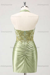 Army Green Ruched Appliqued Halter Tight Corset Short Homecoming Dress