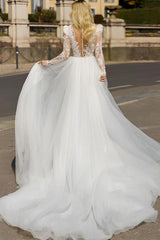 Asymmetrical Lace Long Sleeves Wedding Dress with Panel Train