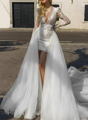 Asymmetrical Lace Long Sleeves Wedding Dress with Panel Train