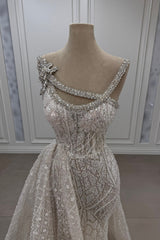 Asymmetrical Mermaid Strapless Sleeveless Beaded Panel Train Tulle Formal Dress With Rhinestone