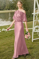Asymmetrical Neck Short Sleeves Bridesmaid Dress