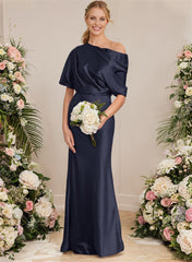 Asymmetrical Neck Short Sleeves Bridesmaid Dress