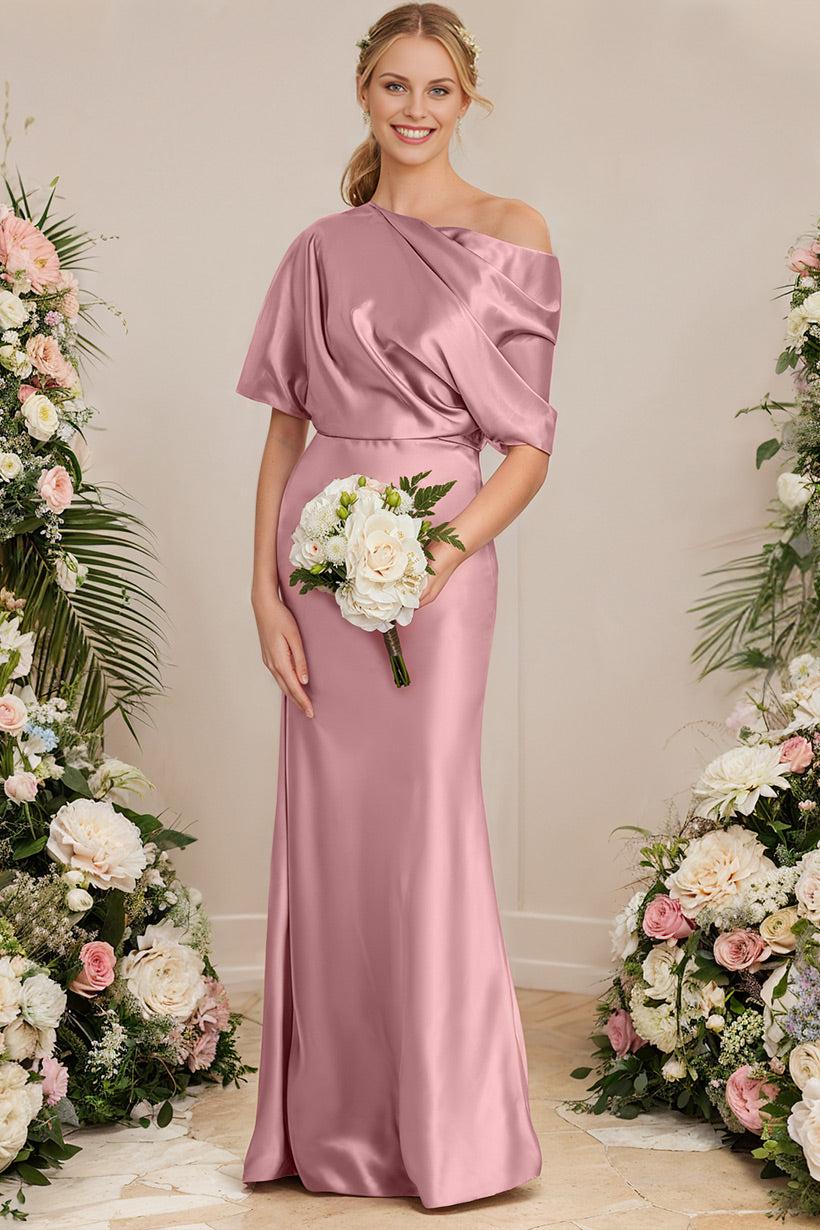 Asymmetrical Neck Short Sleeves Bridesmaid Dress