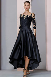 Asymmetrical Tea Length A Line Mother of the Bride Dresses with Illusion Neck