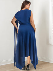 Asymmetrical Tea Length Mother of the Bride Sheath Dress with Ruched Column Jewel Neck