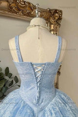 Baby Blue Lace Corset Ball Gown Homecoming Dress with Bow Straps