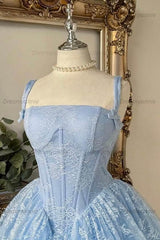 Baby Blue Lace Corset Ball Gown Homecoming Dress with Bow Straps