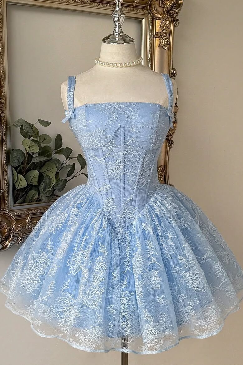 Baby Blue Lace Corset Ball Gown Homecoming Dress with Bow Straps