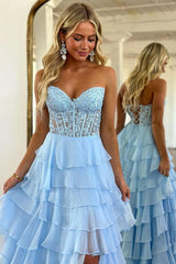 Baby Blue Prom Dress Sweetheart Tiered Lace Chiffon Evening Dress