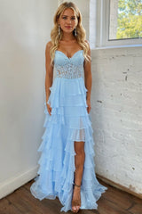 Baby Blue Prom Dress Sweetheart Tiered Lace Chiffon Evening Dress