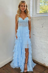 Baby Blue Prom Dress Sweetheart Tiered Lace Chiffon Evening Dress