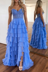 Baby Blue Prom Dress Sweetheart Tiered Lace Chiffon Evening Dress