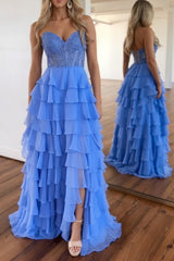 Baby Blue Prom Dress Sweetheart Tiered Lace Chiffon Evening Dress