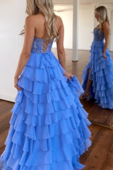 Baby Blue Prom Dress Sweetheart Tiered Lace Chiffon Evening Dress