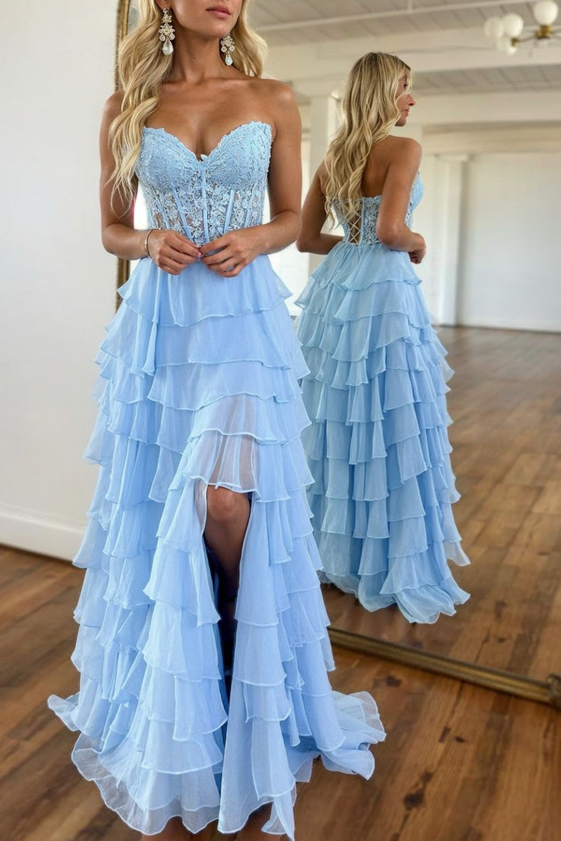 Baby Blue Prom Dress Sweetheart Tiered Lace Chiffon Evening Dress