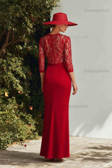 Dreamyannie Lace Red V Neck Mermaid Long Mother Of The Bride Dress With Sleeves