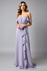 Backless Ruched Lilac V-Neck Long Formal Dress