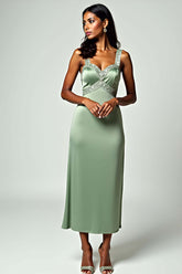 Backless Tea-Length Column Dusty Sage Wedding Guest Dress Formal Dress With Beading