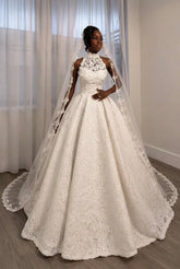 Ball Gown Halter Neck Wedding Dress White Floor Length Lace Appliques Sleeveless Bridal Gown