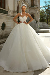 Ball Gown Lace Spaghetti Straps Sleeveless White Wedding Dress Bridal Gown With Appliques Train
