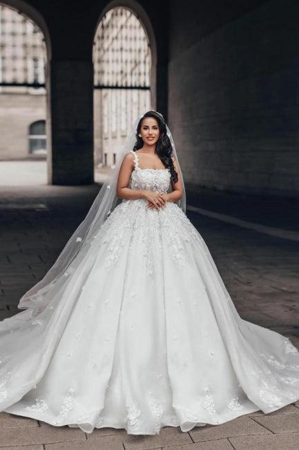 Ball Gown Lace Square Sleeveless White Wedding Dress Bridal Gown With Appliques