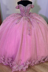 Ball Gown Off Shoulder 3D Flowers Lace Appliques Pink Tulle Quinceanera Dress Princess Evening Party Gown For Sweet 16