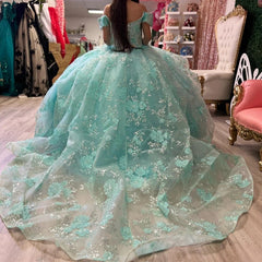 Ball Gown Off Shoulder Beaded 3D Flower Appliques Ruffles Lake Blue Tulle Princess Gown Quinceanera Dress For Sweet 16 Dress