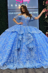 Ball Gown Off Shoulder Flower Lace Appliques Tiered Ruffles Beaded Blue Tulle Princess Quinceanera Dress Evening Party Gown For Sweet 16