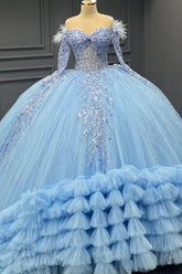 Ball Gown Off Shoulder Long Sleeves Fully Sequins Beaded Feather Ruffles Tiered Lace Up Sparkly Blue Tulle Quinceanera Dress Birthday Party Dress For Sweet 16