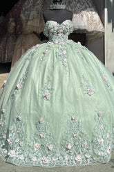 Ball Gown Off Shoulder Sleeveless 3D Flower Appliques Pleated Mint Green Tulle Quinceanera Dress Birthday Party Dress