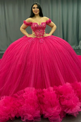 Ball Gown Off Shoulder Sleeveless Appliques Beaded Pleated Glitter Hot Pink Tulle Quinceanera Dress Birthday Party Dress