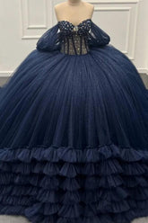 Ball Gown Off Shoulder Sleeveless Beaded Crystal Pleated Sequins Ruffles Tiered Lace Up Sparkly Dark Navy Tulle Quinceanera Dress Formal Evening Party Gown For Sweet 16